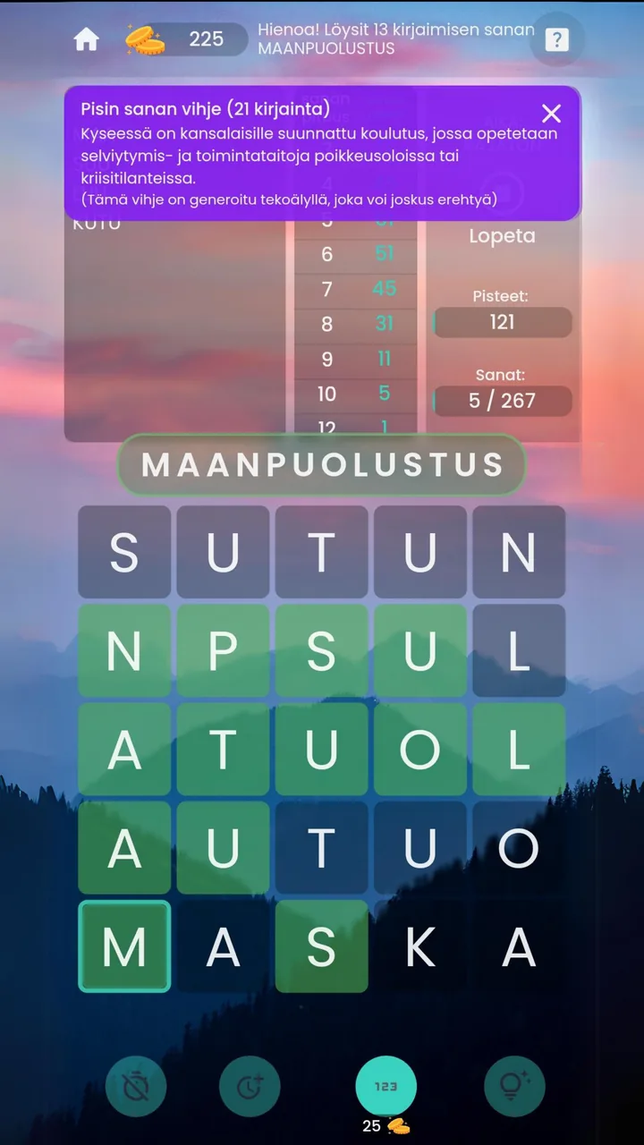 Sanamahdin 5 × 5 -pelilauta ja sanavihje